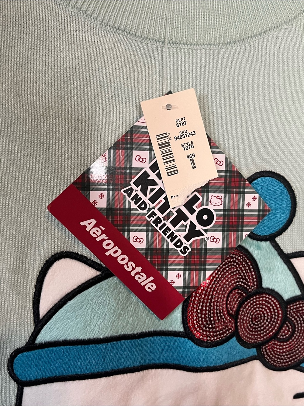 HELLO KITTY x AEROPOSTALE Mint Knit Sweater Sequin Bow Graphic Size L NWT - Picture 6 of 7
